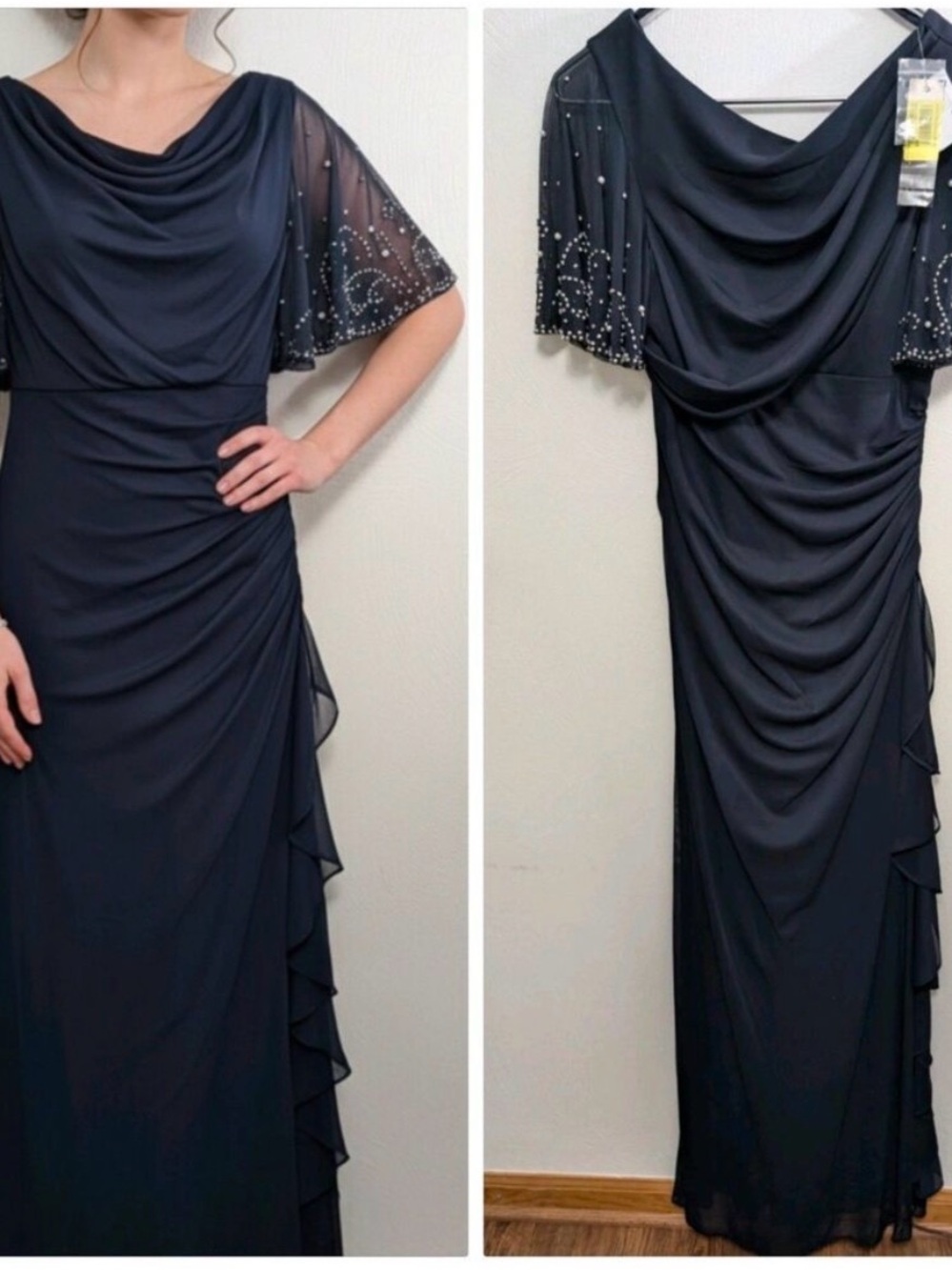 Betsy & Adam Navy Blue Beaded Sheer Sleeve Draped Long Dress